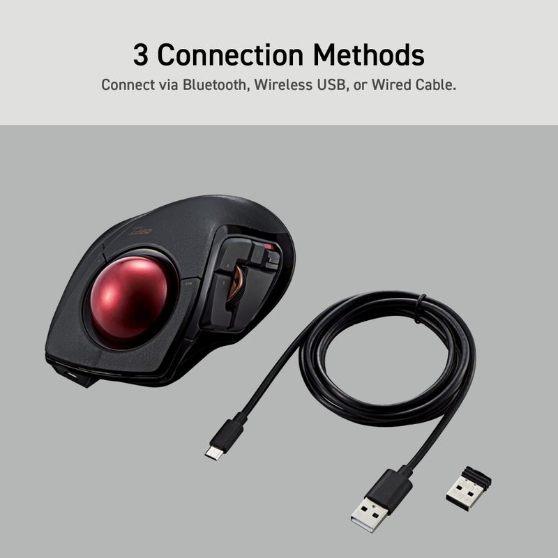 ELECOM DEFT PRO Trackball Mouse, Wired, Wireless, Bluetooth 3 Types Connection, Ergonomic Design, 8-Button Function, Red Ball, Windows11, MacOS (M-DPT1MRXBK) - Image 5